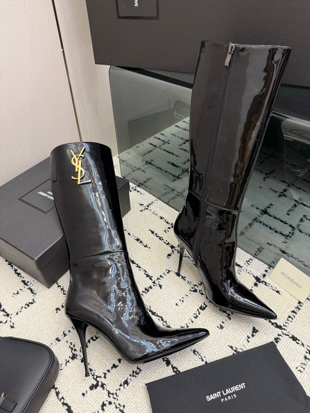 Shiny Knee-High Boots Featuring The Iconic Metallic Gold Cassandre Logo