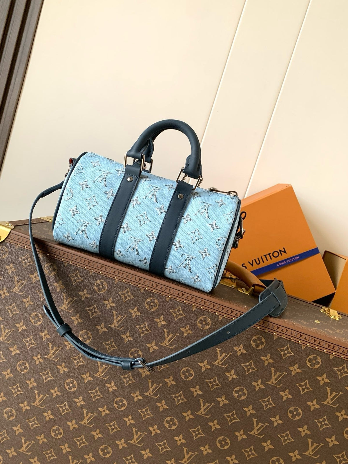 Keepall Bandouliere 25 Blue Monogram Heritage Canvas
