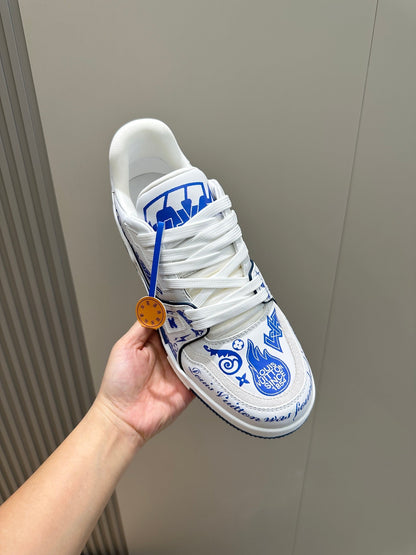 LV White And Blue Graphic Print Low Top Sneakers