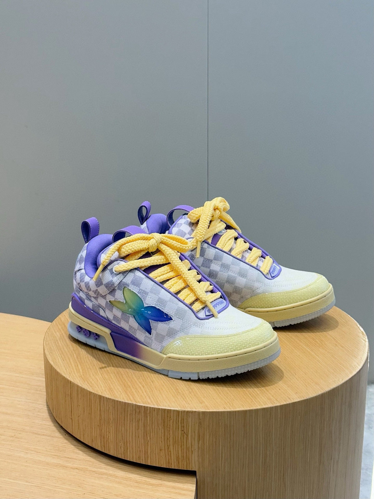 LV Skate Sneaker In Gradient Damier Denim Purple, Yellow And White Colorway