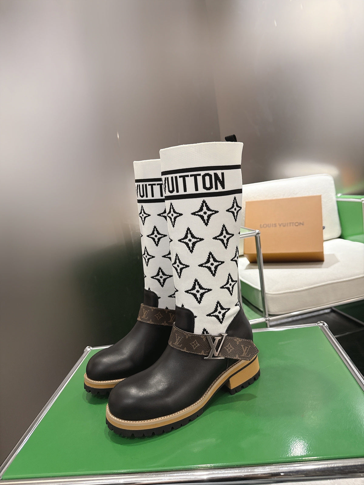 Tall Boots With Striking Black Lower Boot with White Monogram Shaft