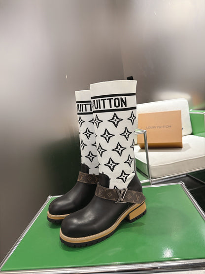 Tall Boots With Striking Black Lower Boot with White Monogram Shaft