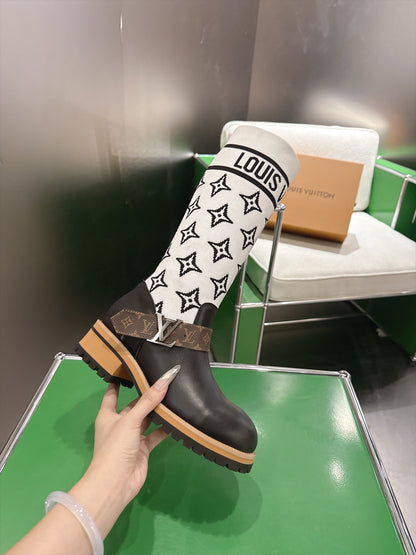 Tall Boots With Striking Black Lower Boot with White Monogram Shaft