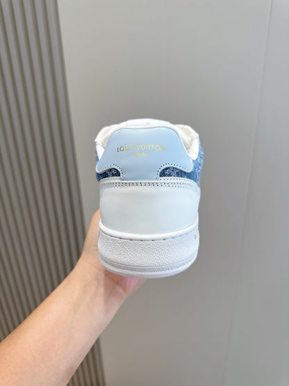 LV Stadium Low Sneaker In Light Blue Denim And White
