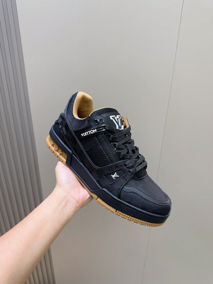 LV Trainer Sneaker In Black Grained Leather And Tan Sole Colorway
