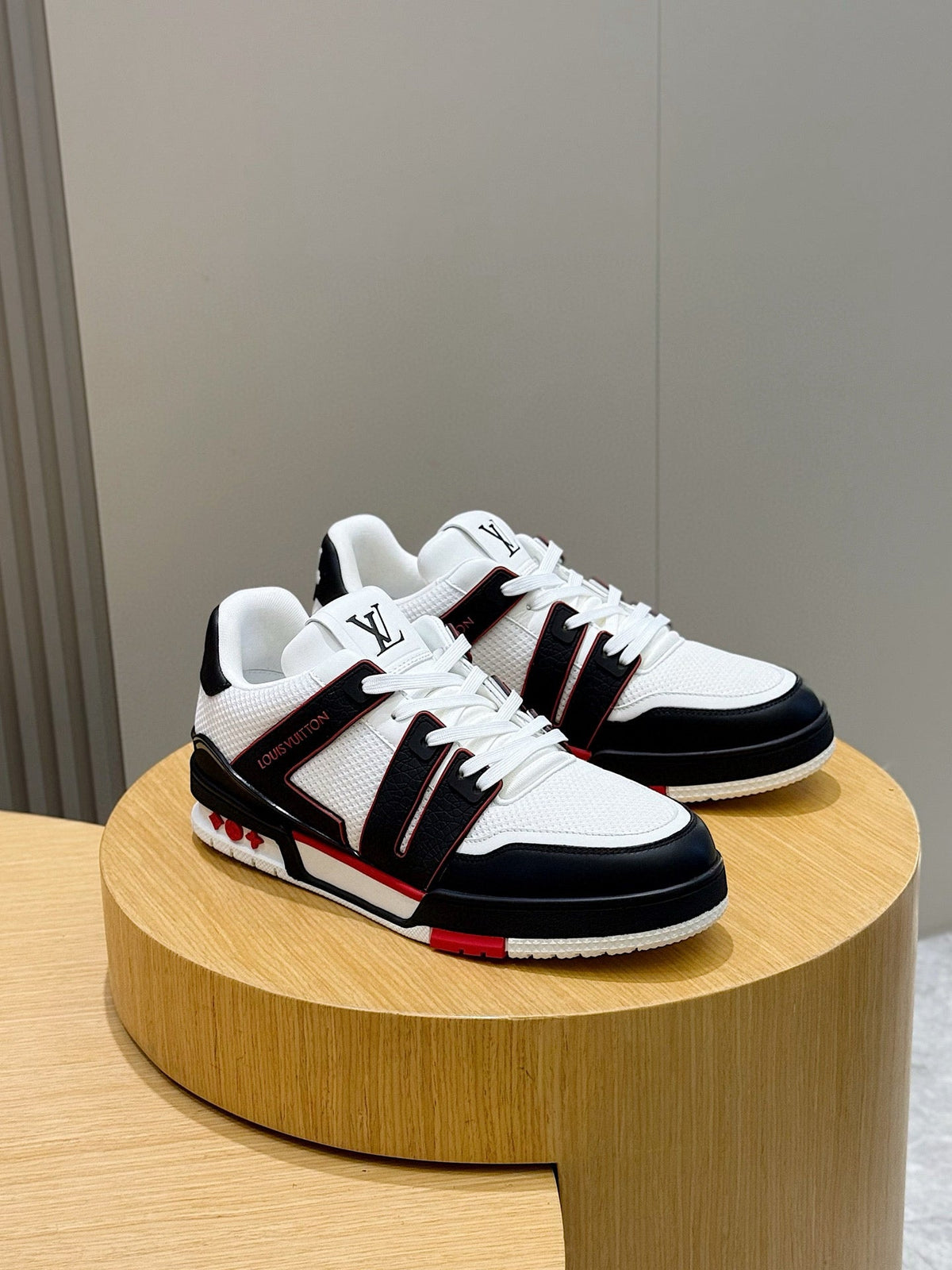 LV Trainer Sneakers In White, Black, And Red Colorway