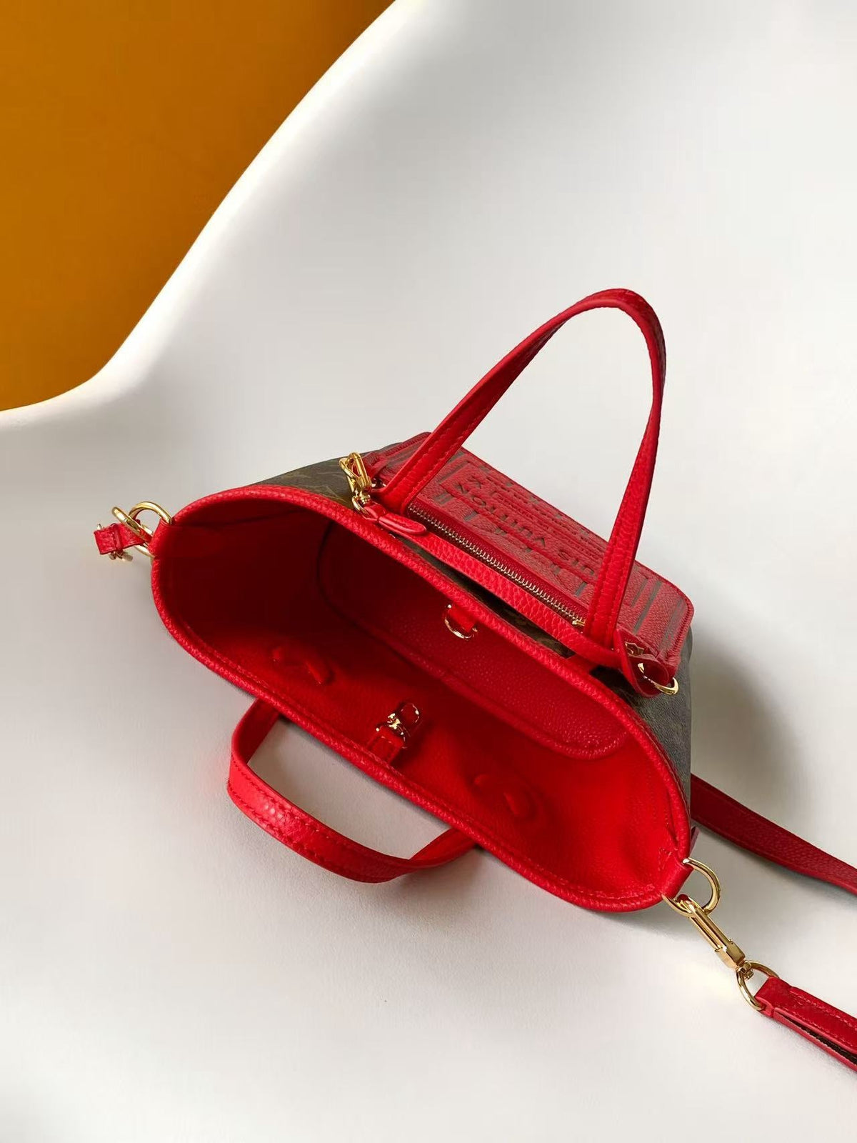 Neverfull Inside Out BB Bag With Vibrant Red Exterior