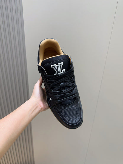 LV Trainer Sneaker In Black Grained Leather And Tan Sole Colorway