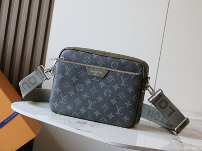 Trio Messenger In Monogram Eclipse Canvas With Khaki-Green Leather Trim