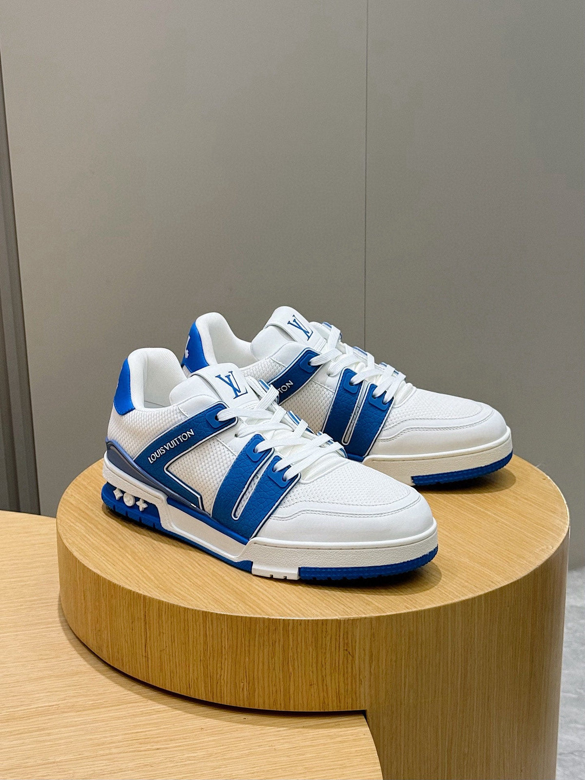 White And Royal Blue LV Trainer Sneakers