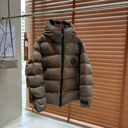 Khaki-Colored Goose Hooded Puffer Jacket