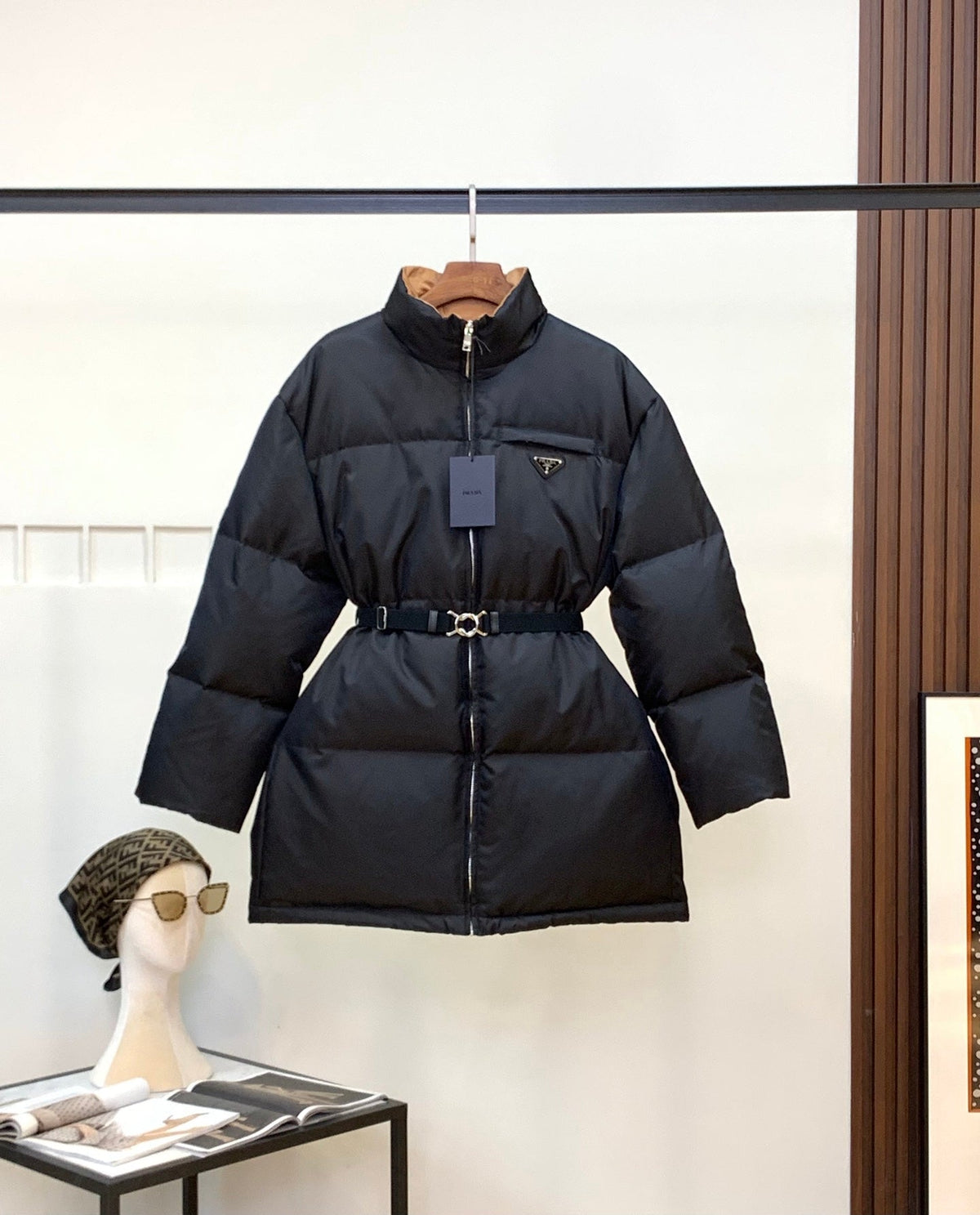 Re-Nylon Down Coat Belted Down Jacket In Black
