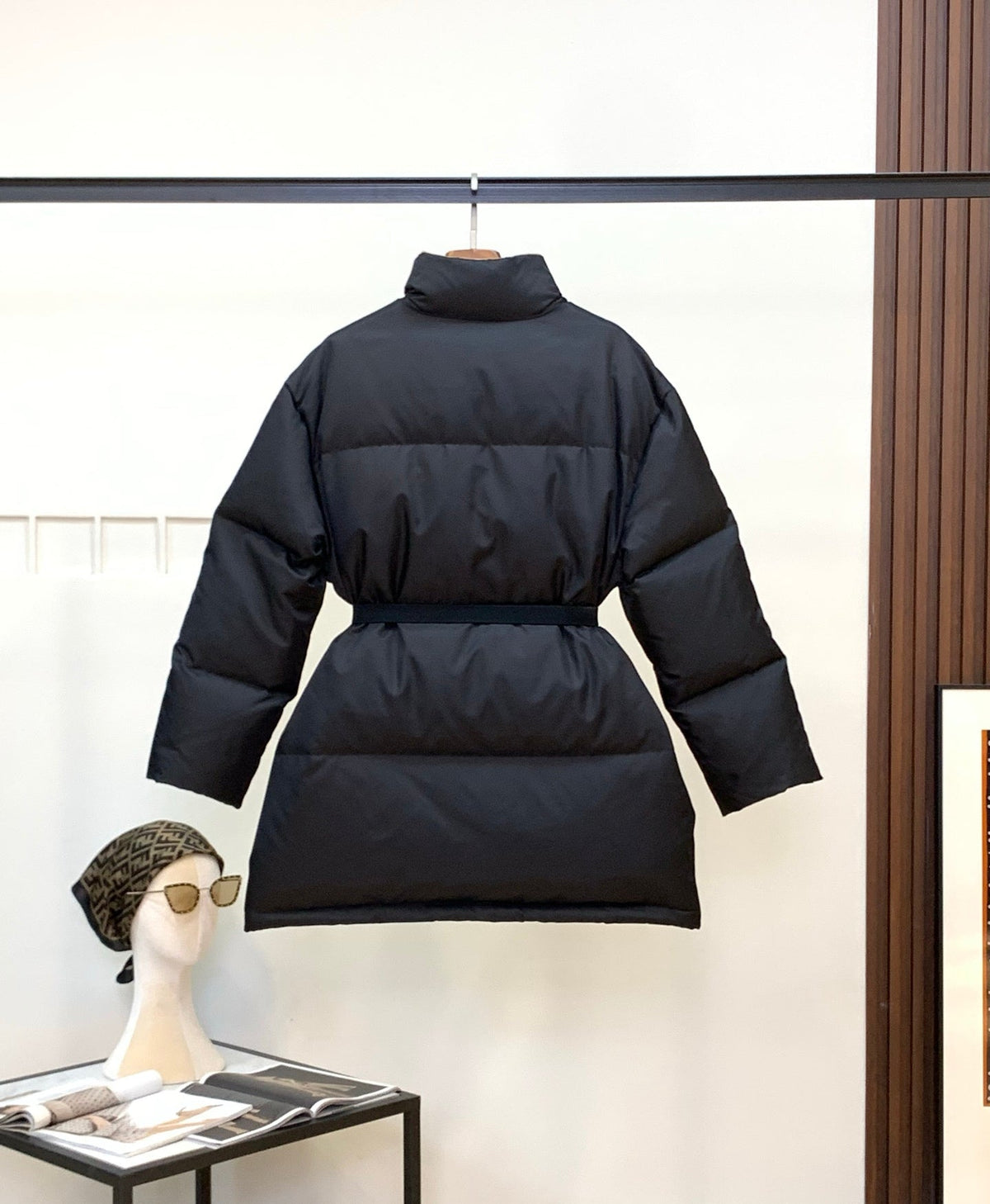 Re-Nylon Down Coat Belted Down Jacket In Black