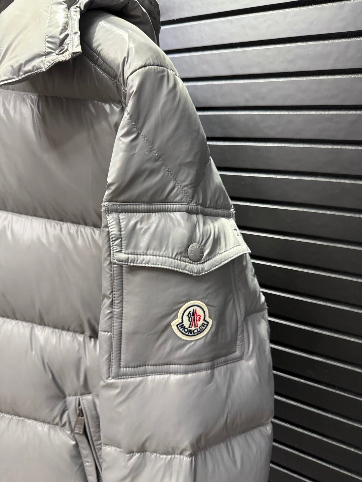 Gray Puffer Jacket Featuring Boudin Quilting And The Sleeve Logo Patch