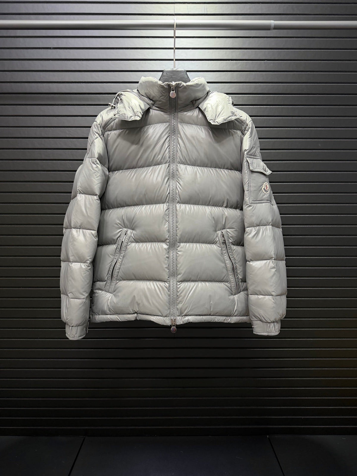 Gray Puffer Jacket Featuring Boudin Quilting And The Sleeve Logo Patch