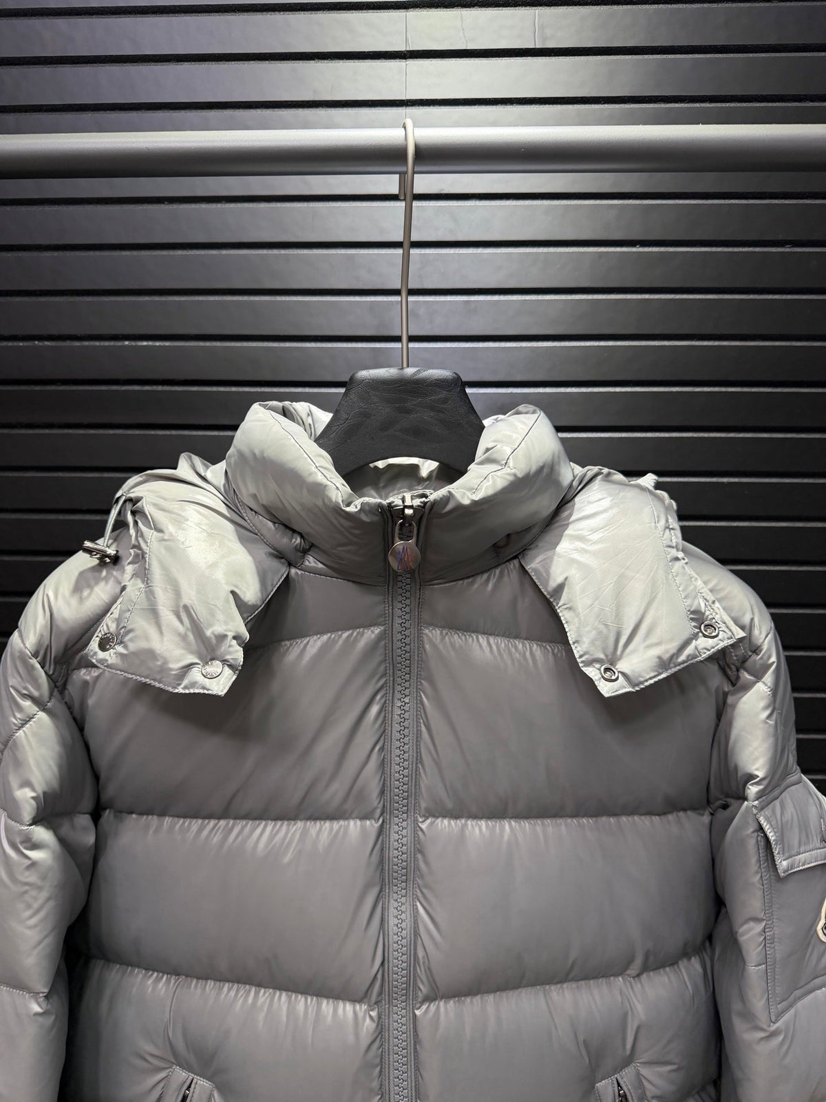 Gray Puffer Jacket Featuring Boudin Quilting And The Sleeve Logo Patch