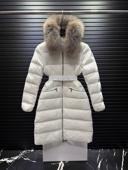 Long White Quilted Down Coat Featuring A Belted Waist And a Fur-Trimmed Hood