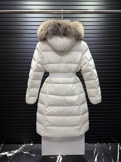 Long White Quilted Down Coat Featuring A Belted Waist And a Fur-Trimmed Hood