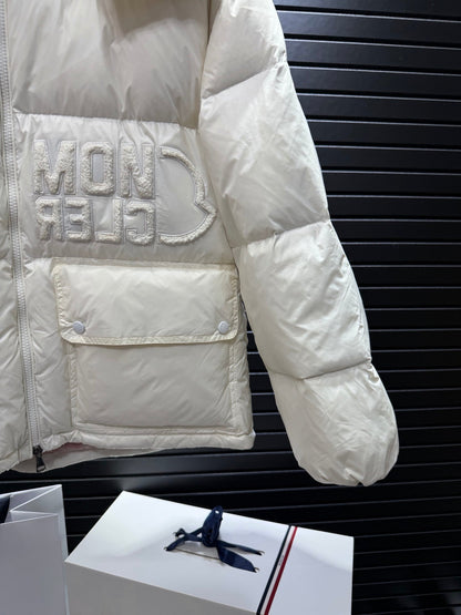 White And Pink Short Puffer Jacket With Embossed Letter Branding On The Chest