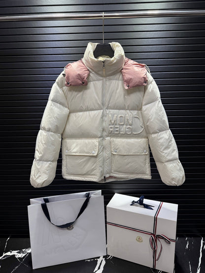 White And Pink Short Puffer Jacket With Embossed Letter Branding On The Chest