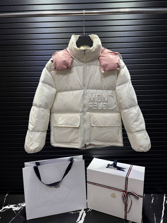 White And Pink Short Puffer Jacket With Embossed Letter Branding On The Chest