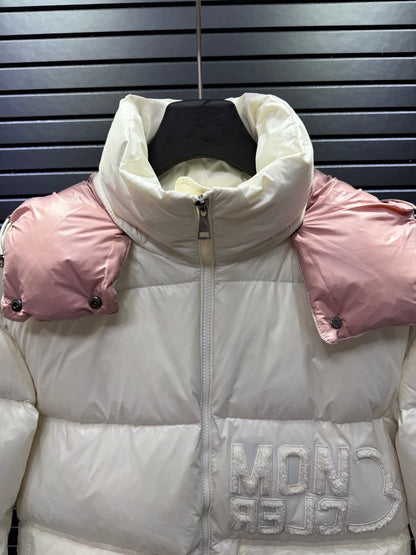 White And Pink Short Puffer Jacket With Embossed Letter Branding On The Chest