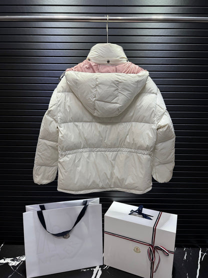 White And Pink Short Puffer Jacket With Embossed Letter Branding On The Chest